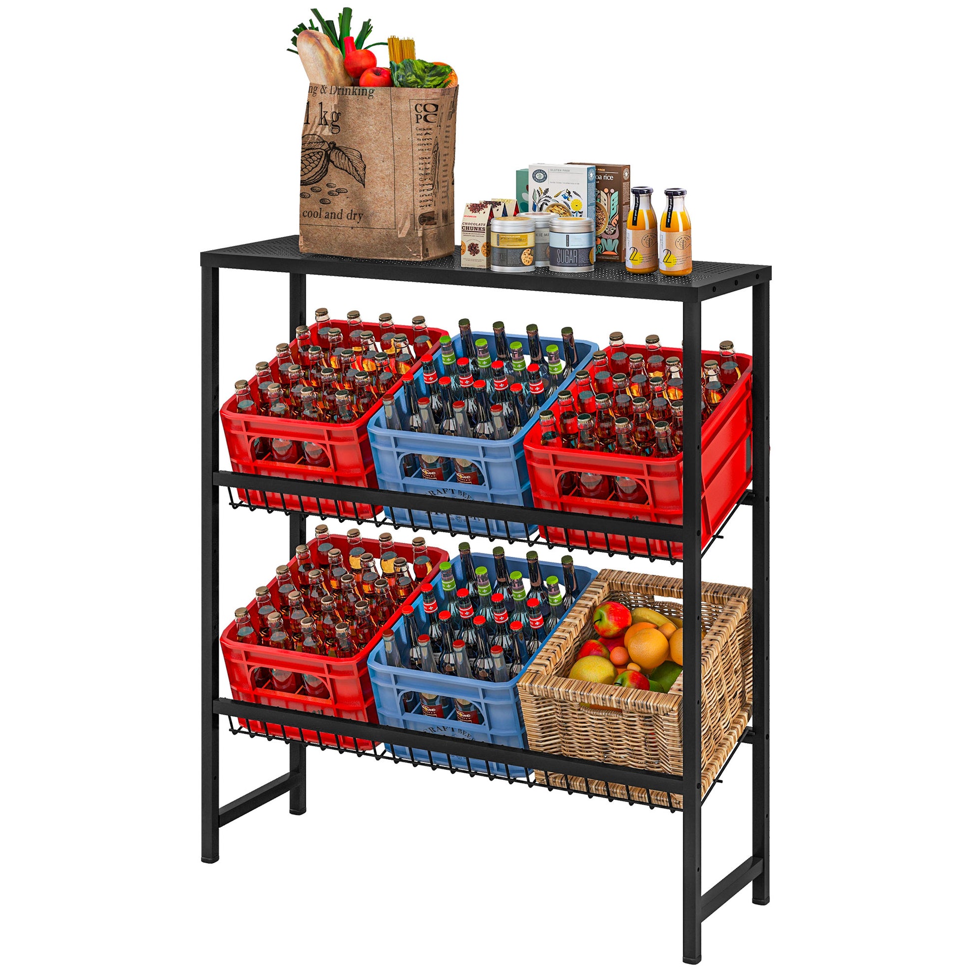 Beverage Crate Shelf for 6 Crates Beverage Crate Holder with 3 Levels Steel Beverage Crate Stand Bottle Crate Shelf for Beer, Fruit, Vegetables, Water, Black