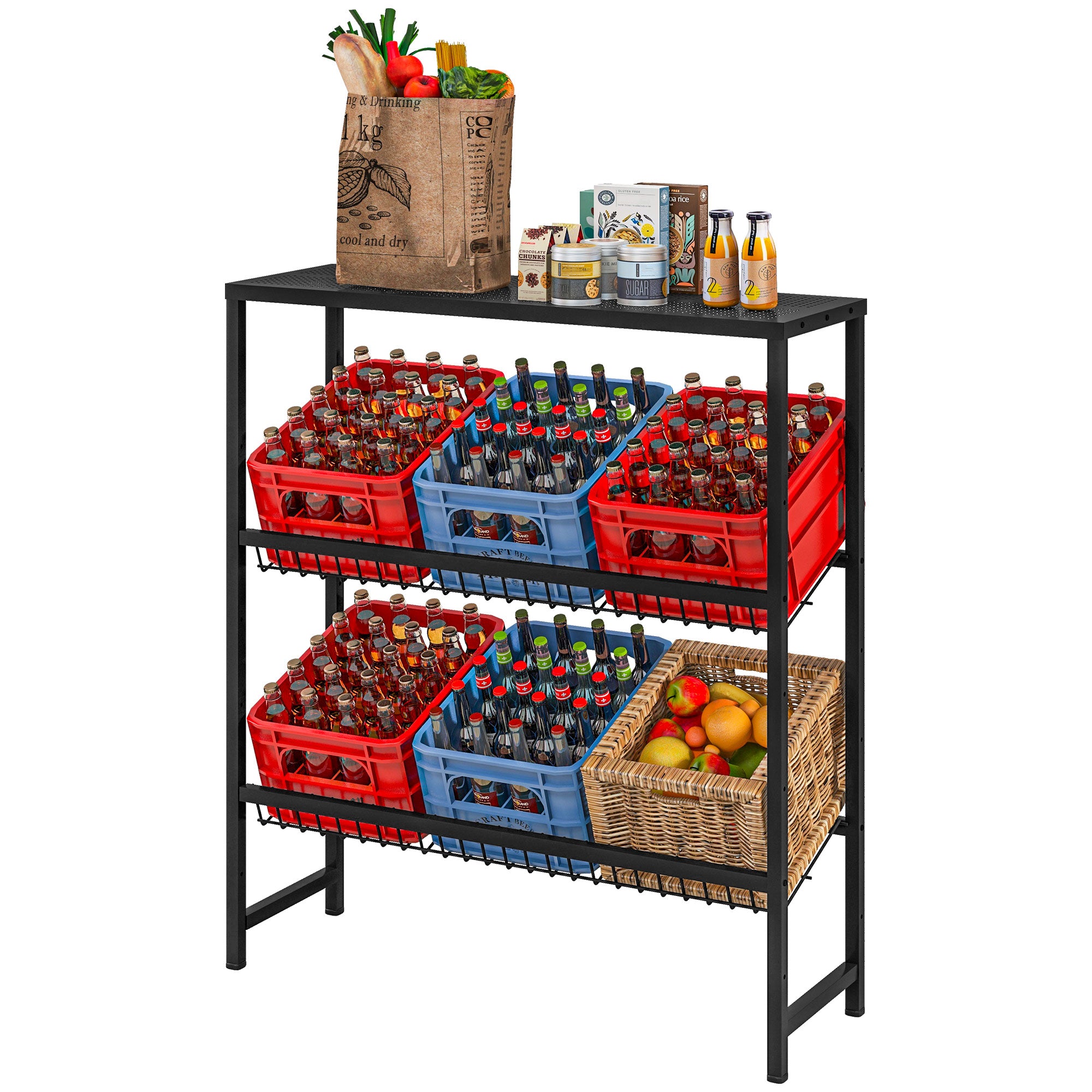 Beverage Crate Shelf for 6 Crates Beverage Crate Holder with 3 Levels Steel Beverage Crate Stand Bottle Crate Shelf for Beer, Fruit, Vegetables, Water, Black
