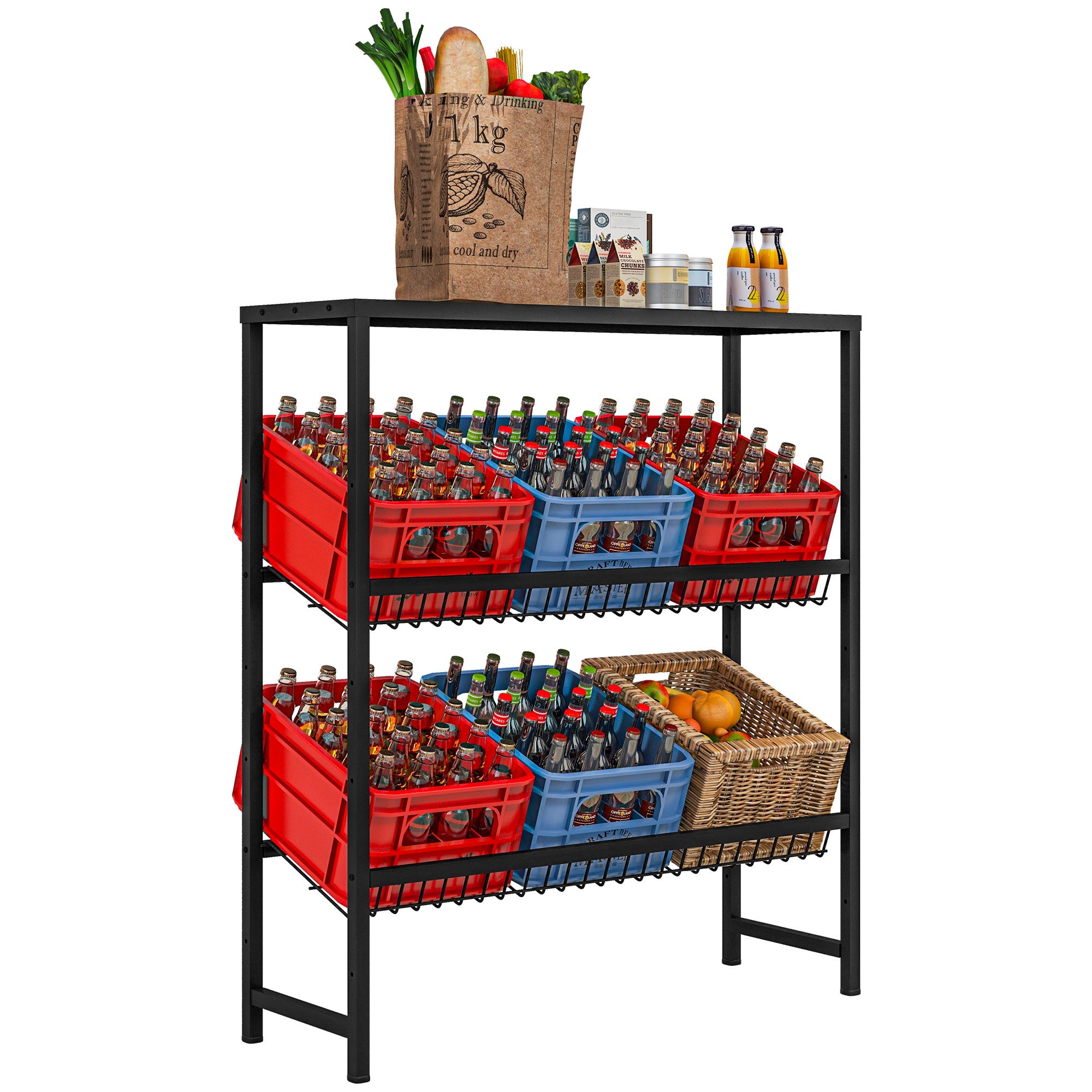 Beverage Crate Shelf for 6 Crates Beverage Crate Holder with 3 Levels Steel Beverage Crate Stand Bottle Crate Shelf for Beer, Fruit, Vegetables, Water, Black