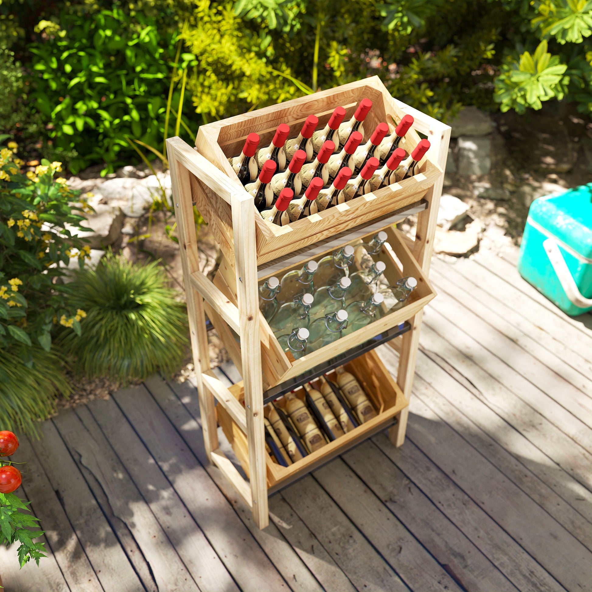 Beverage Crate Rack for 3 Beverage Crates Beverage Rack Wood Crate Rack with 3 Levels freestanding Beverage Crate Holder load capacity 150kg Crate Stand for Beer, Water 56 x 32 x 112 cm Natural Wood