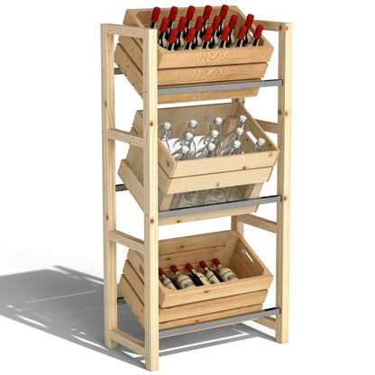 Beverage Crate Rack for 3 Beverage Crates Beverage Rack Wood Crate Rack with 3 Levels freestanding Beverage Crate Holder load capacity 150kg Crate Stand for Beer, Water 56 x 32 x 112 cm Natural Wood