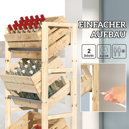 Beverage Crate Rack for 3 Beverage Crates Beverage Rack Wood Crate Rack with 3 Levels freestanding Beverage Crate Holder load capacity 150kg Crate Stand for Beer, Water 56 x 32 x 112 cm Natural Wood