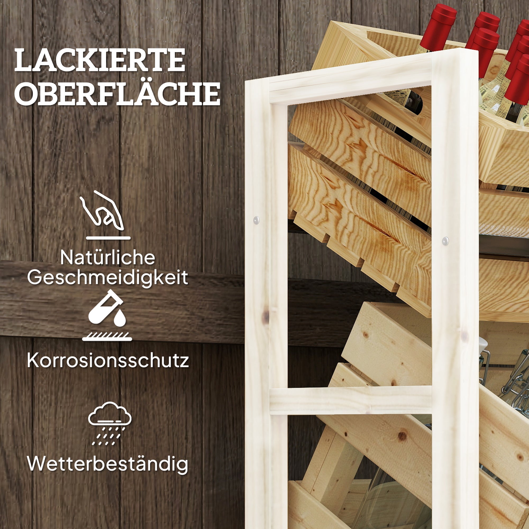 Beverage Crate Rack for 3 Beverage Crates Beverage Rack Wood Crate Rack with 3 Levels freestanding Beverage Crate Holder load capacity 150kg Crate Stand for Beer, Water 56 x 32 x 112 cm Natural Wood