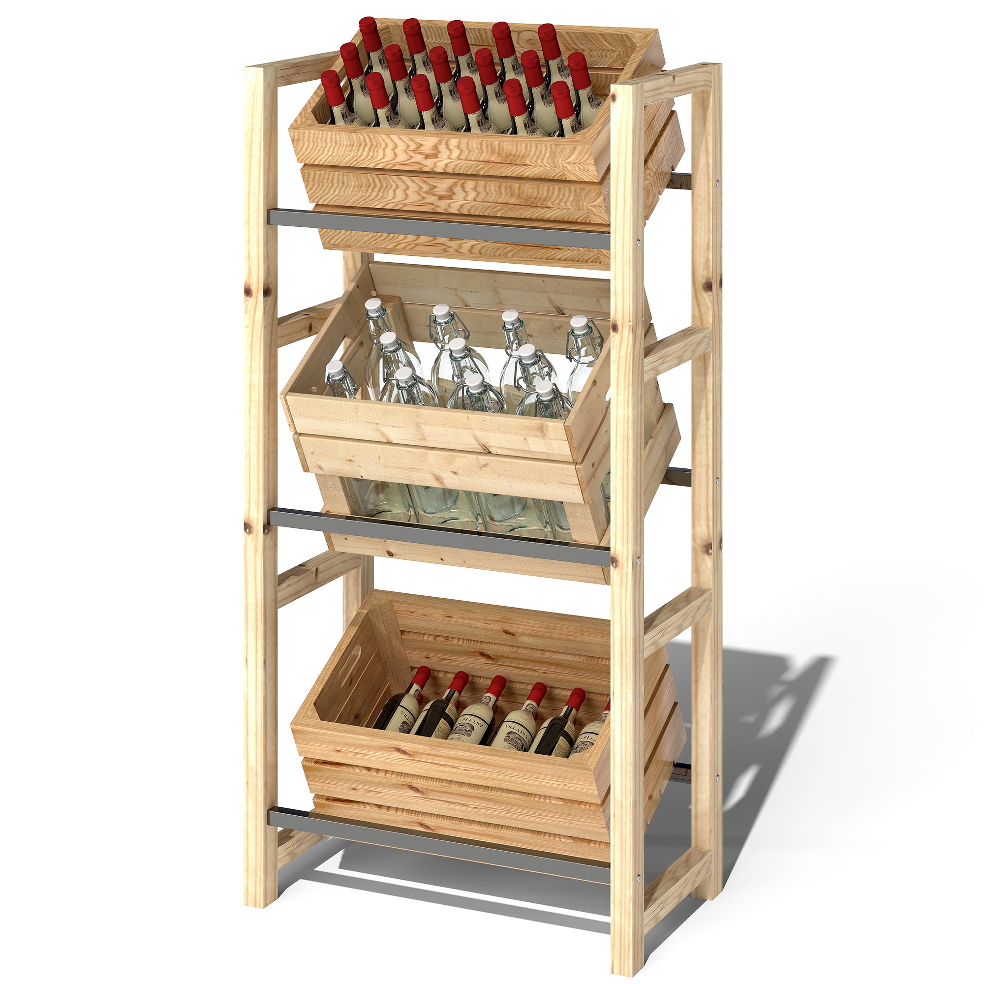 Beverage Crate Rack for 3 Beverage Crates Beverage Rack Wood Crate Rack with 3 Levels freestanding Beverage Crate Holder load capacity 150kg Crate Stand for Beer, Water 56 x 32 x 112 cm Natural Wood