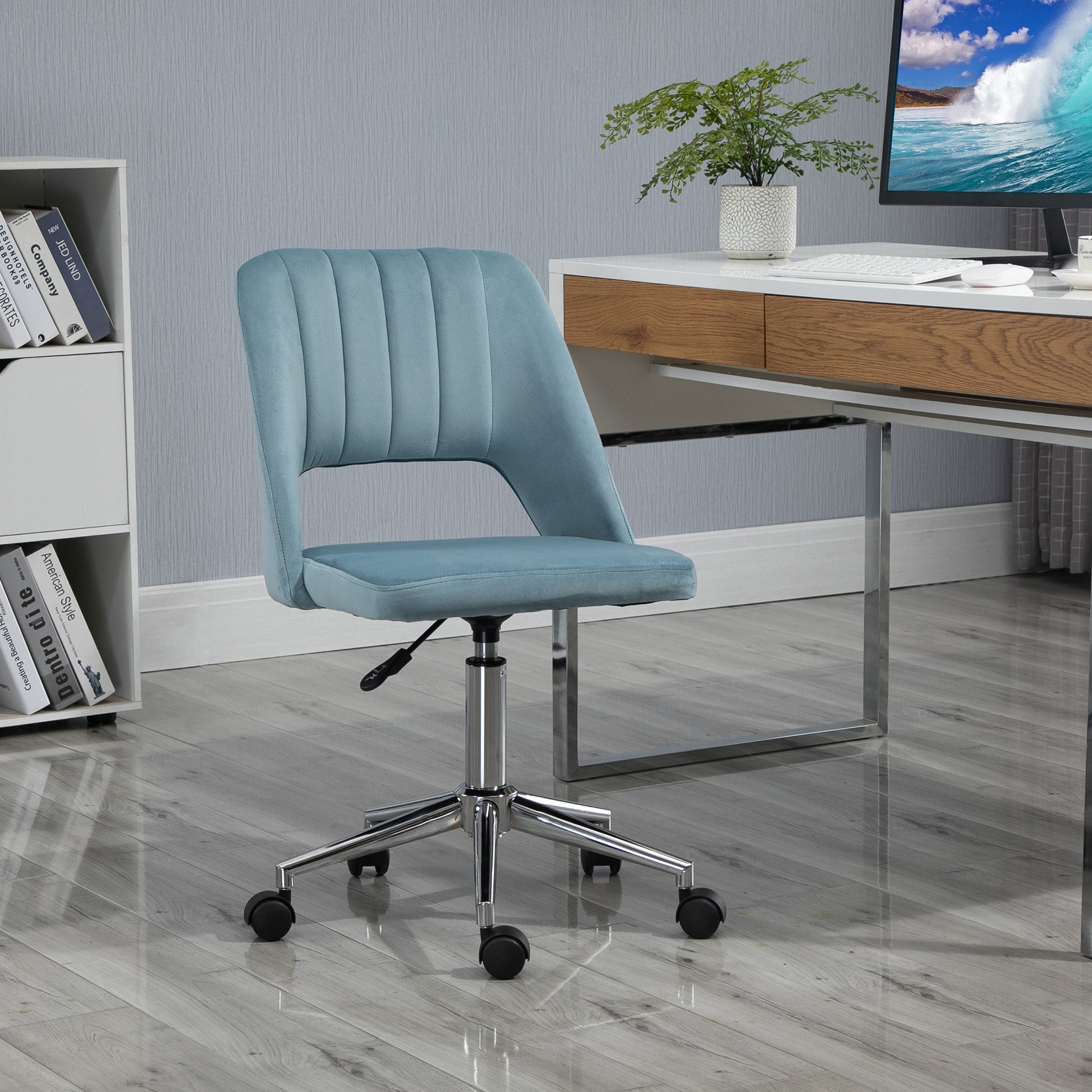 Desk Chair, Height Adjustable Home Office Chair without Armrest, Swivel Office Chair with Velvet Look, Ergonomic Makeup Chair for Bedroom, Study Room, Blue
