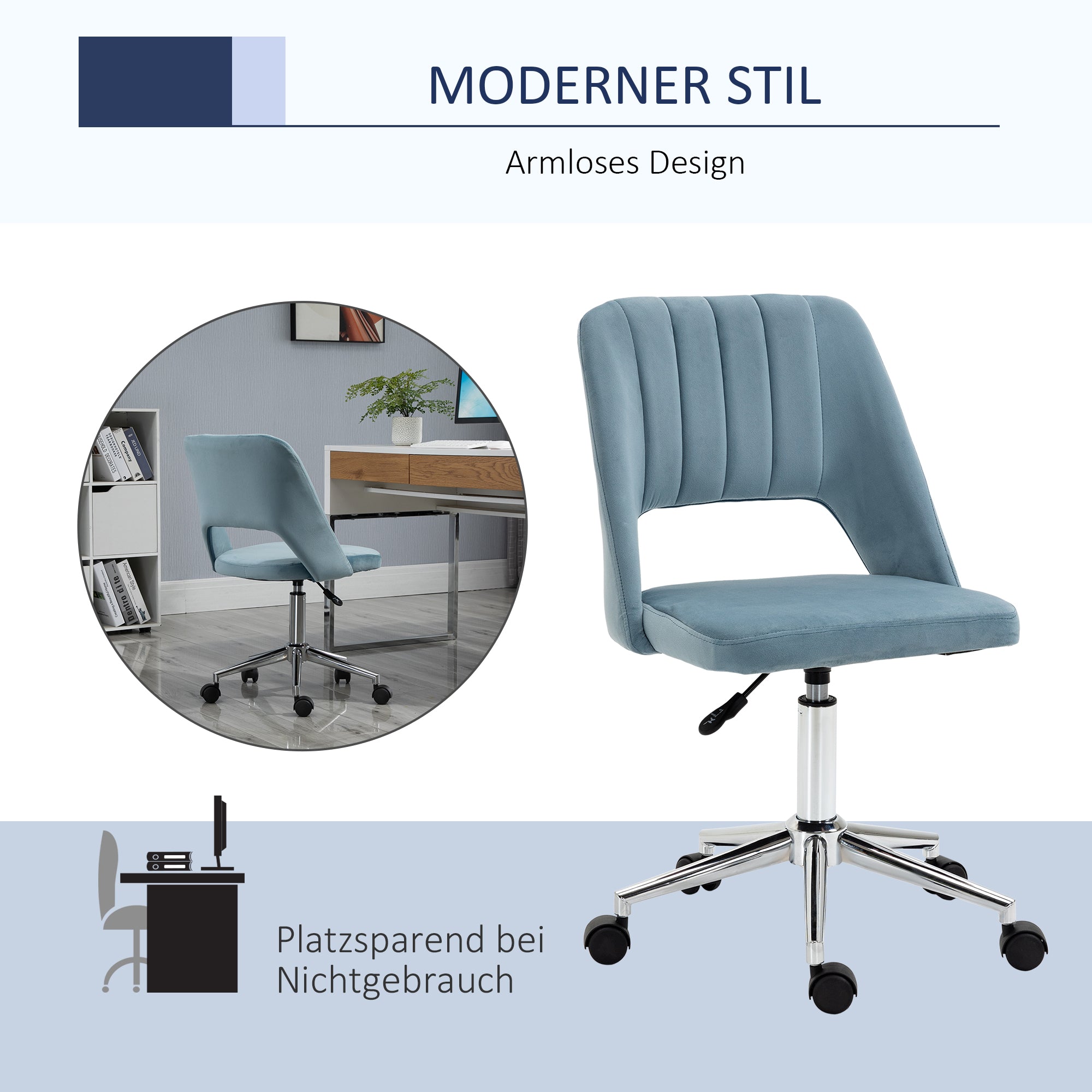 Desk Chair, Height Adjustable Home Office Chair without Armrest, Swivel Office Chair with Velvet Look, Ergonomic Makeup Chair for Bedroom, Study Room, Blue