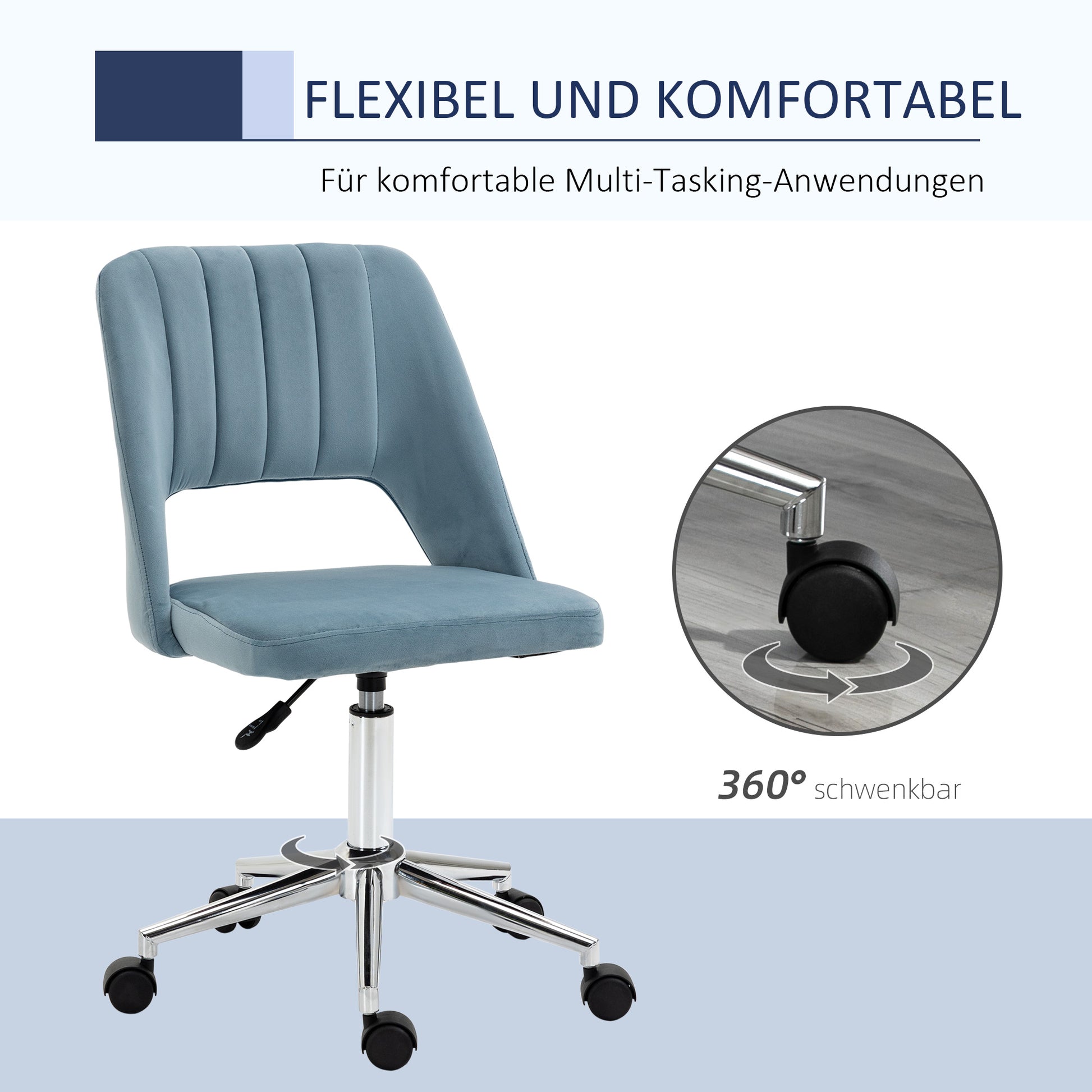 Desk Chair, Height Adjustable Home Office Chair without Armrest, Swivel Office Chair with Velvet Look, Ergonomic Makeup Chair for Bedroom, Study Room, Blue