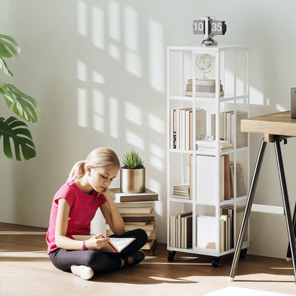Modern 4-Tier Bookcase, Metal Bookshelf with Wheels for Living Room, Bedroom, and Office, 35x35x129 cm, White