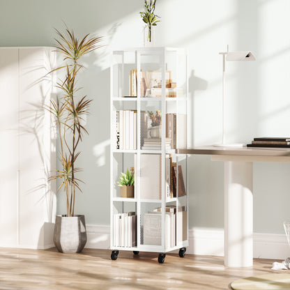 Modern 4-Tier Bookcase, Metal Bookshelf with Wheels for Living Room, Bedroom, and Office, 35x35x129 cm, White