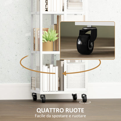 Modern 4-Tier Bookcase, Metal Bookshelf with Wheels for Living Room, Bedroom, and Office, 35x35x129 cm, White
