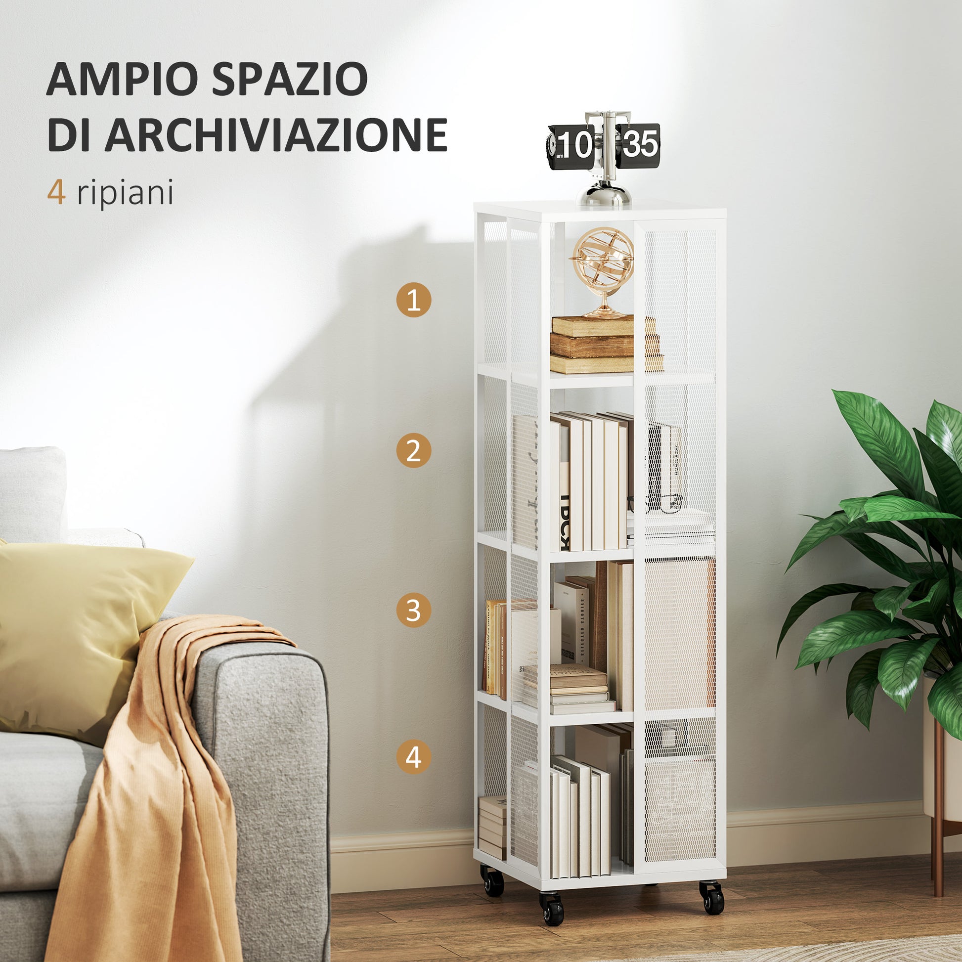 Modern 4-Tier Bookcase, Metal Bookshelf with Wheels for Living Room, Bedroom, and Office, 35x35x129 cm, White