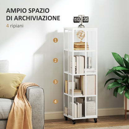 Modern 4-Tier Bookcase, Metal Bookshelf with Wheels for Living Room, Bedroom, and Office, 35x35x129 cm, White