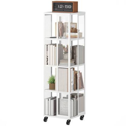 Modern 4-Tier Bookcase, Metal Bookshelf with Wheels for Living Room, Bedroom, and Office, 35x35x129 cm, White