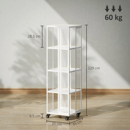Modern 4-Tier Bookcase, Metal Bookshelf with Wheels for Living Room, Bedroom, and Office, 35x35x129 cm, White