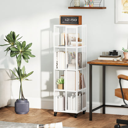 Modern 4-Tier Bookcase, Metal Bookshelf with Wheels for Living Room, Bedroom, and Office, 35x35x129 cm, White