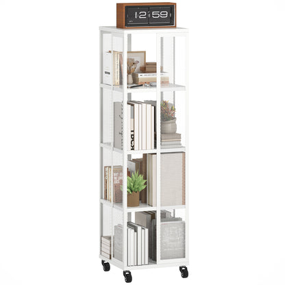 Modern 4-Tier Bookcase, Metal Bookshelf with Wheels for Living Room, Bedroom, and Office, 35x35x129 cm, White