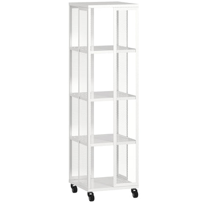 Modern 4-Tier Bookcase, Metal Bookshelf with Wheels for Living Room, Bedroom, and Office, 35x35x129 cm, White