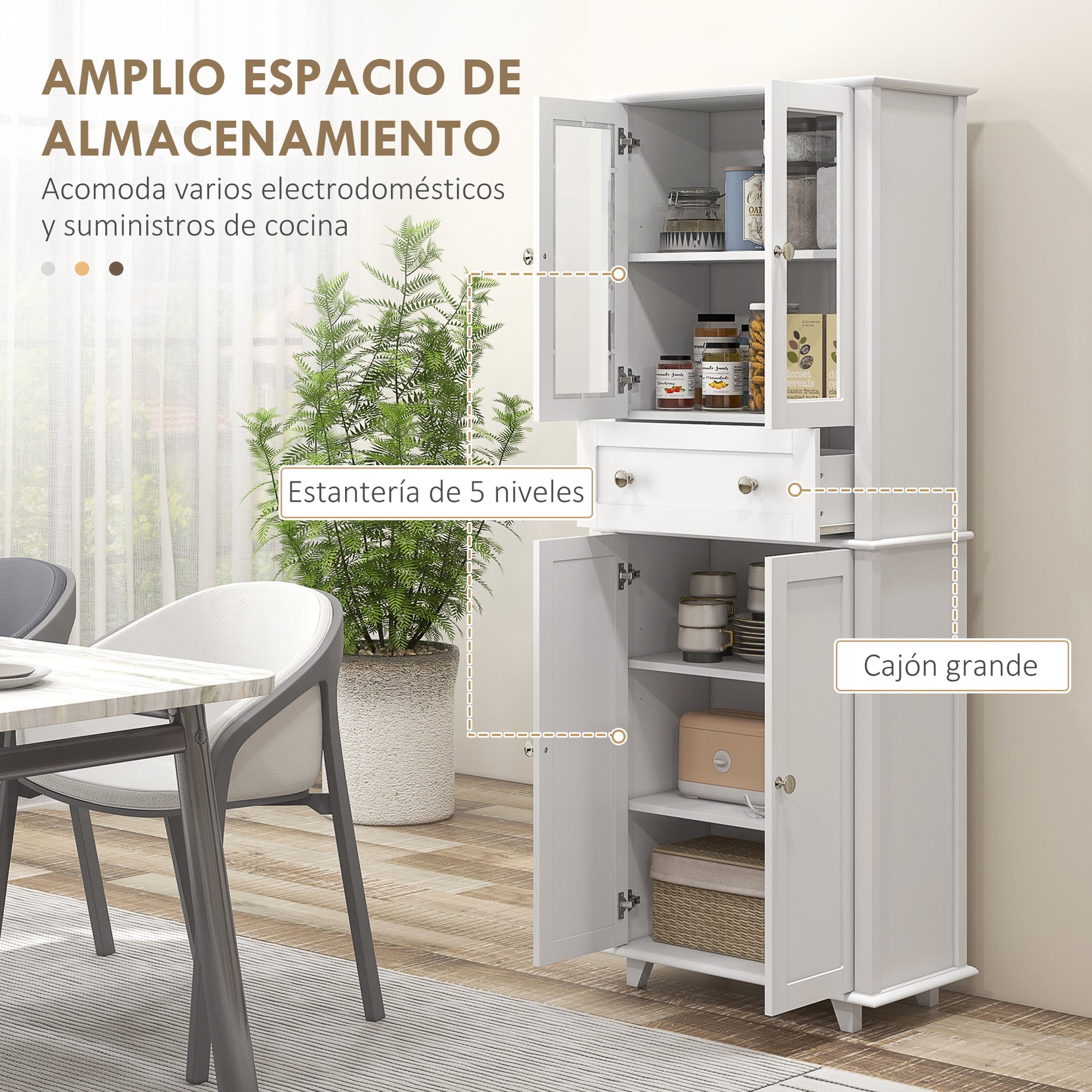 Kitchen Pantry Cabinet Kitchen Cabinet with 2 Tempered Glass Doors Drawer and Adjustable Shelves Sideboard for Dining Room 61x35x168.5 cm White
