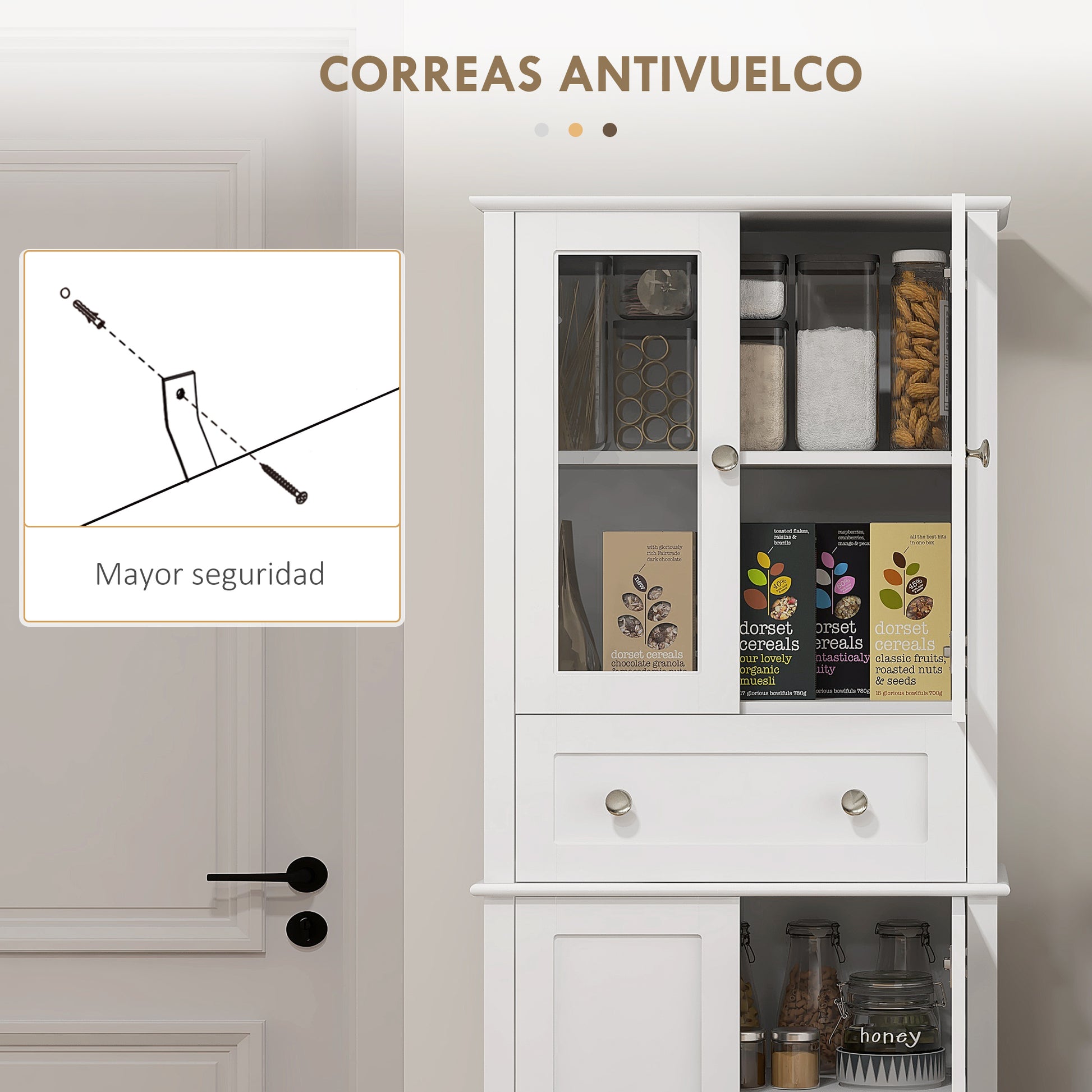 Kitchen Pantry Cabinet Kitchen Cabinet with 2 Tempered Glass Doors Drawer and Adjustable Shelves Sideboard for Dining Room 61x35x168.5 cm White