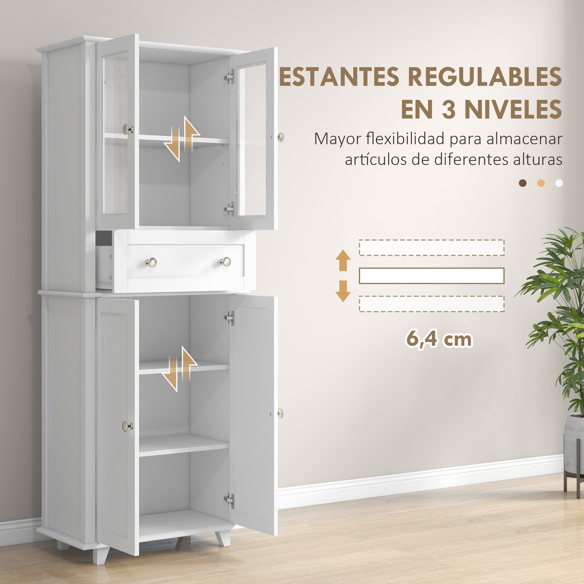Kitchen Pantry Cabinet Kitchen Cabinet with 2 Tempered Glass Doors Drawer and Adjustable Shelves Sideboard for Dining Room 61x35x168.5 cm White