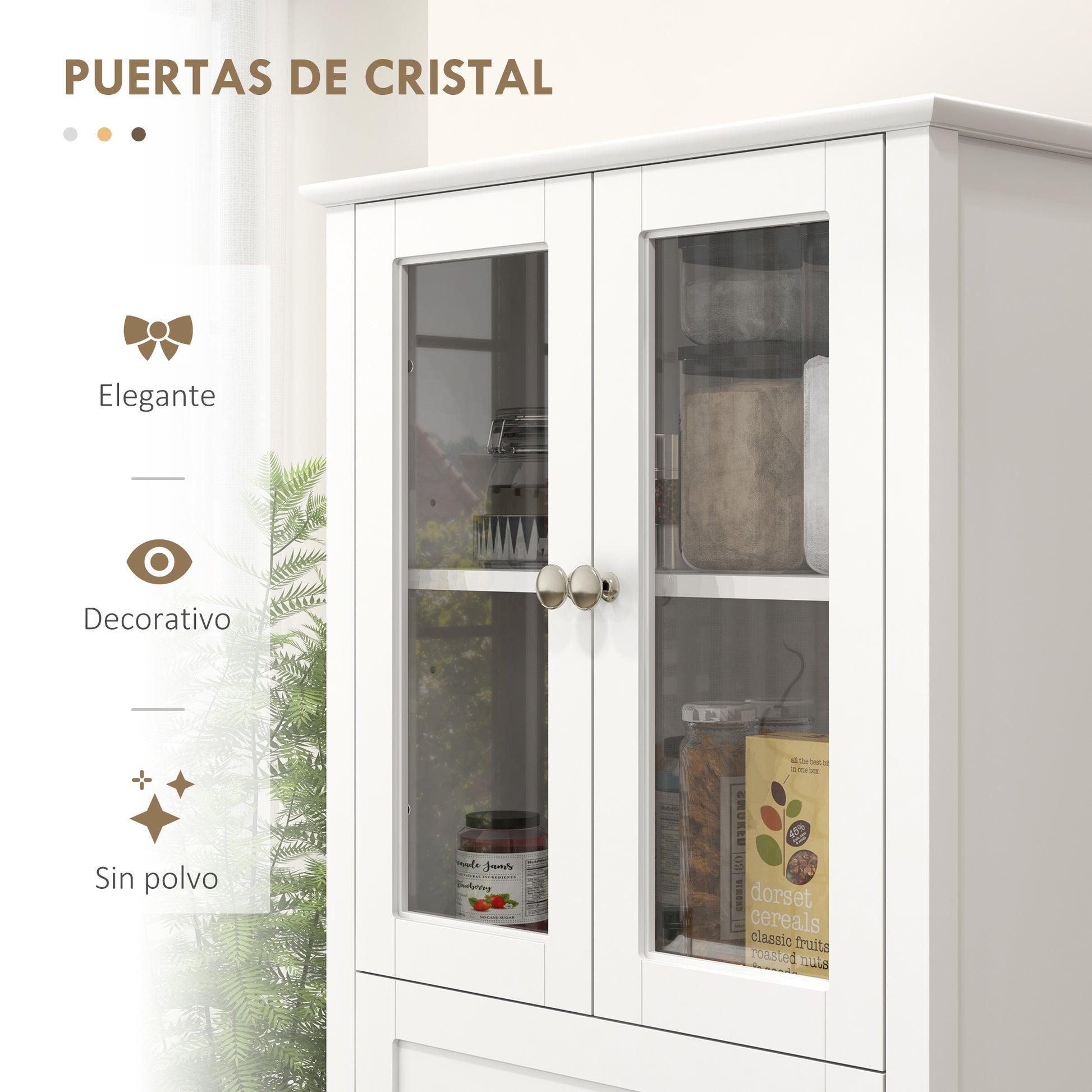 Kitchen Pantry Cabinet Kitchen Cabinet with 2 Tempered Glass Doors Drawer and Adjustable Shelves Sideboard for Dining Room 61x35x168.5 cm White
