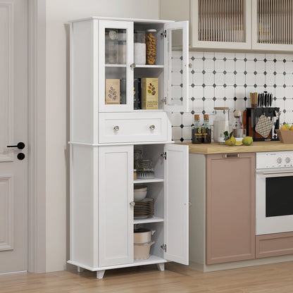 Kitchen Pantry Cabinet Kitchen Cabinet with 2 Tempered Glass Doors Drawer and Adjustable Shelves Sideboard for Dining Room 61x35x168.5 cm White