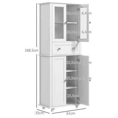 Kitchen Pantry Cabinet Kitchen Cabinet with 2 Tempered Glass Doors Drawer and Adjustable Shelves Sideboard for Dining Room 61x35x168.5 cm White