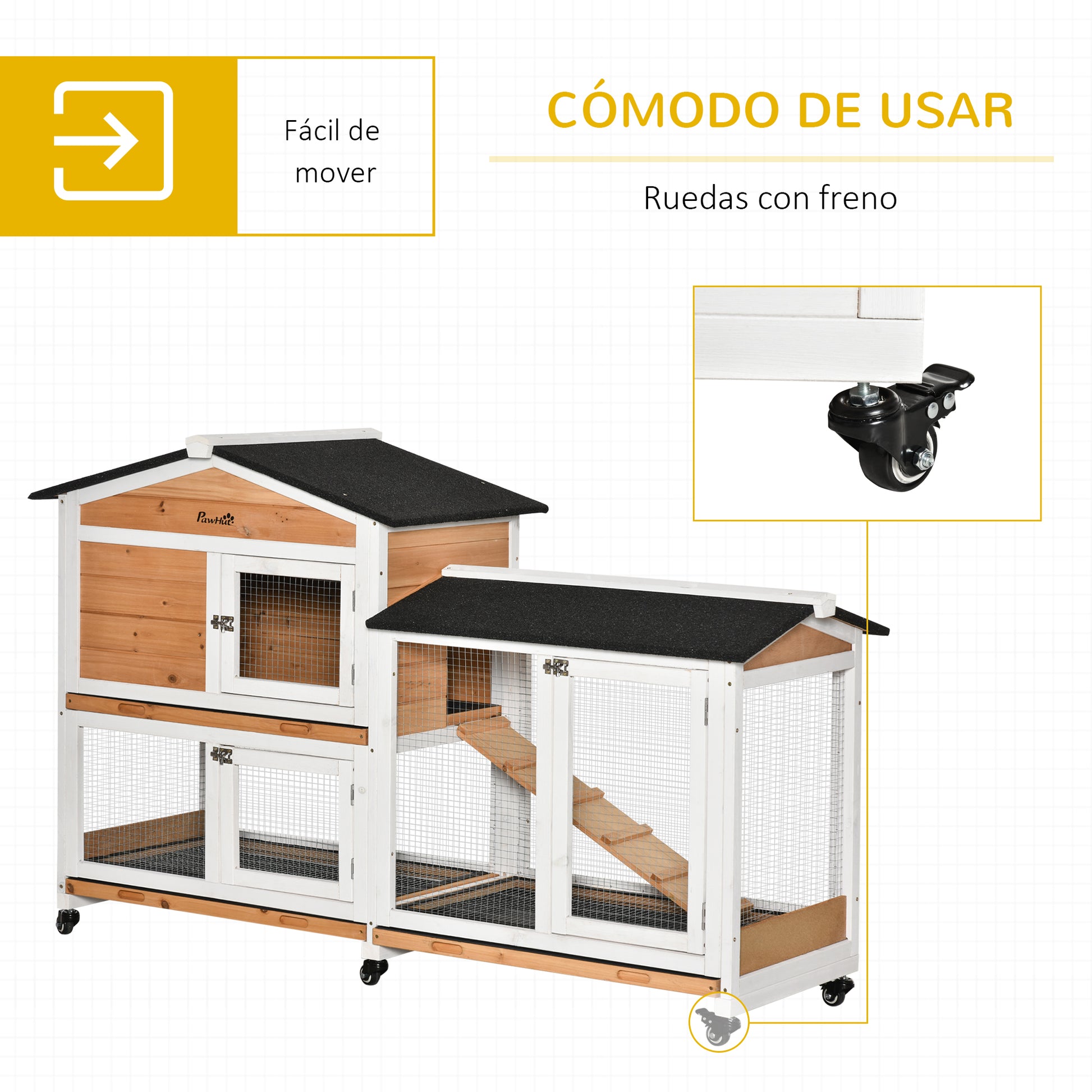 Natural Wood Rabbit Hutch 157.4x53x99.5 cm Large Cage with Wheels Asphalt Roof Removable Tray and Ramp for Outdoor