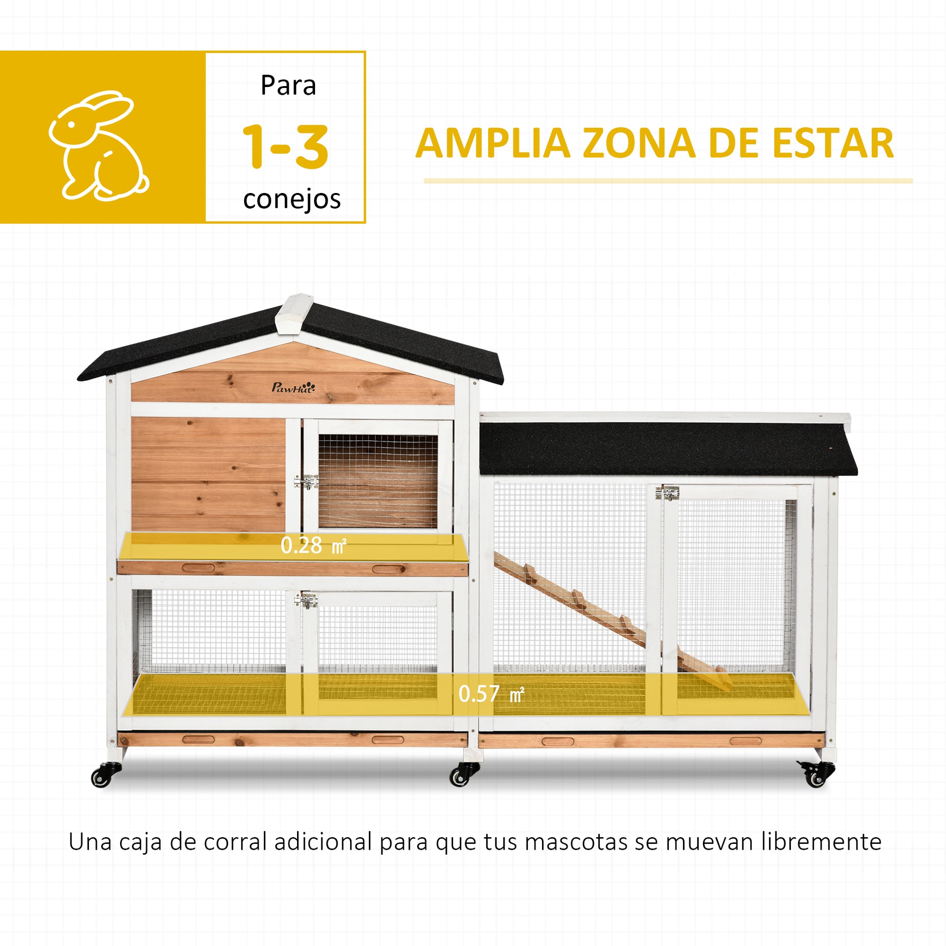 Natural Wood Rabbit Hutch 157.4x53x99.5 cm Large Cage with Wheels Asphalt Roof Removable Tray and Ramp for Outdoor