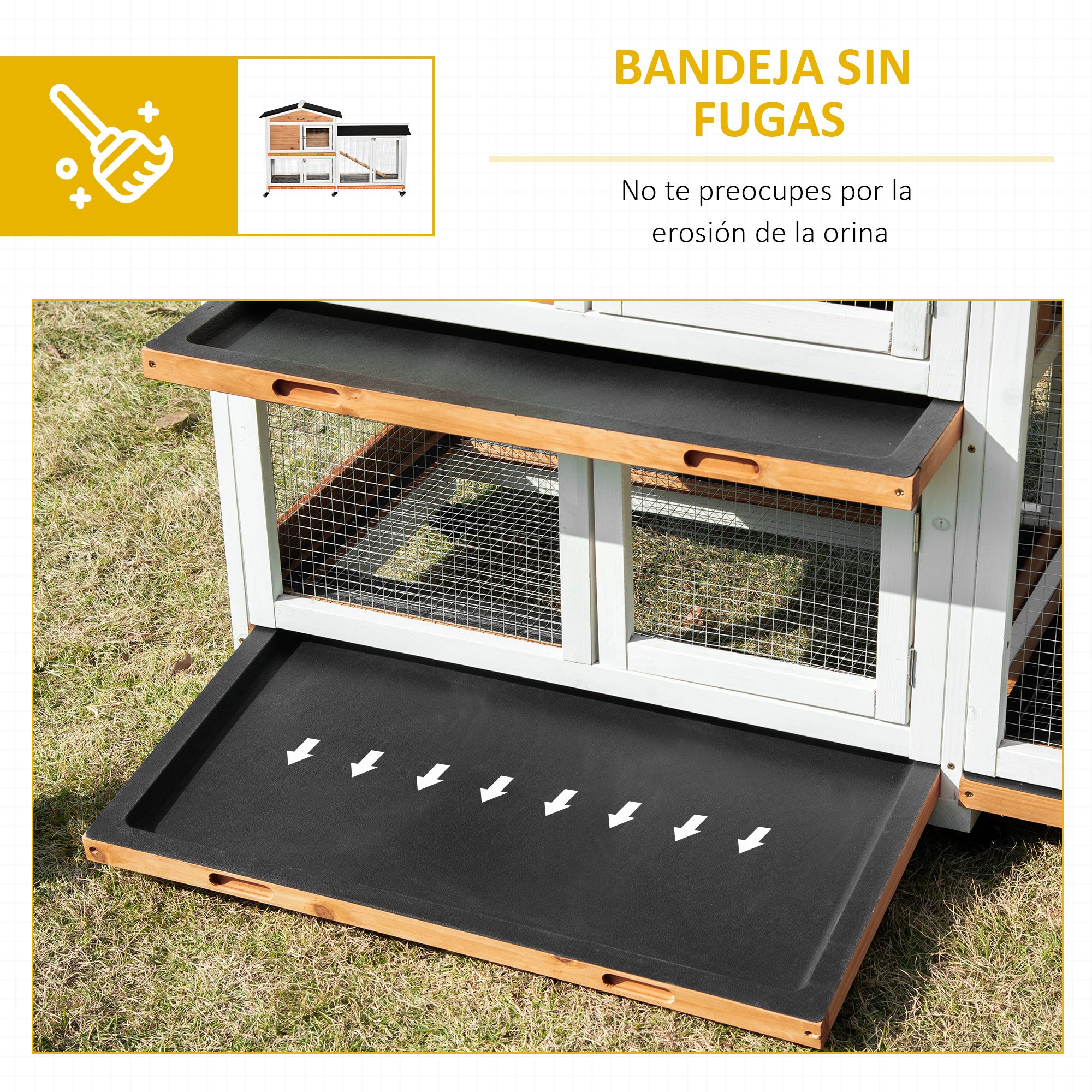 Natural Wood Rabbit Hutch 157.4x53x99.5 cm Large Cage with Wheels Asphalt Roof Removable Tray and Ramp for Outdoor
