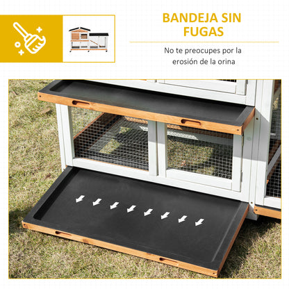 Natural Wood Rabbit Hutch 157.4x53x99.5 cm Large Cage with Wheels Asphalt Roof Removable Tray and Ramp for Outdoor