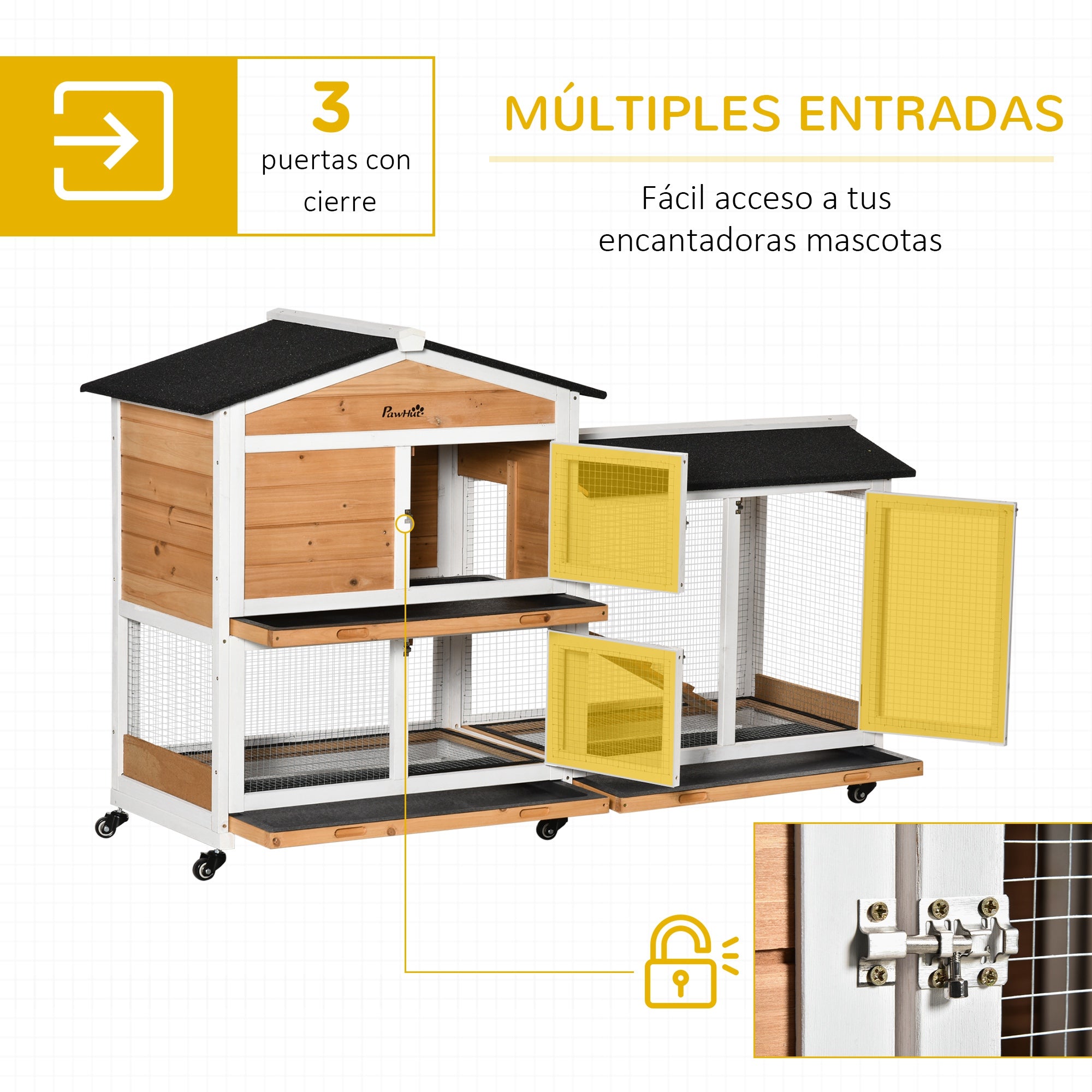 Natural Wood Rabbit Hutch 157.4x53x99.5 cm Large Cage with Wheels Asphalt Roof Removable Tray and Ramp for Outdoor