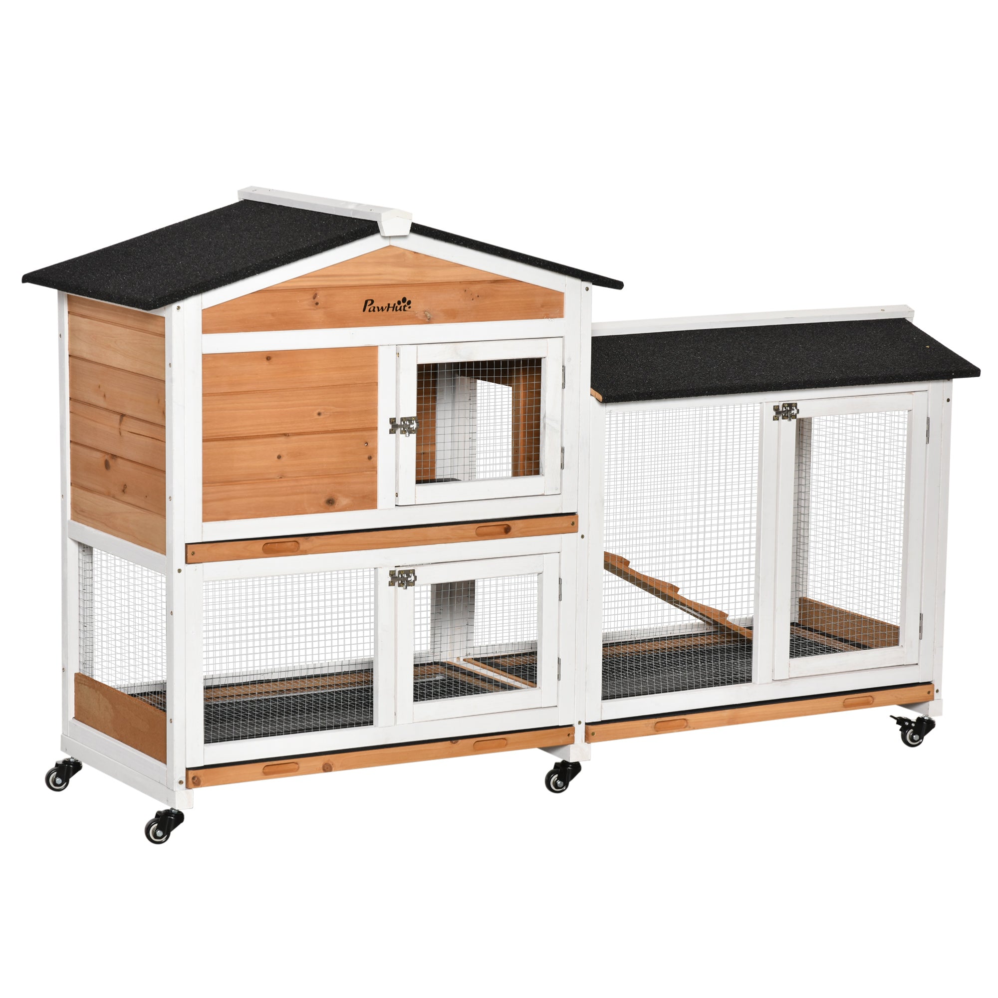 Natural Wood Rabbit Hutch 157.4x53x99.5 cm Large Cage with Wheels Asphalt Roof Removable Tray and Ramp for Outdoor