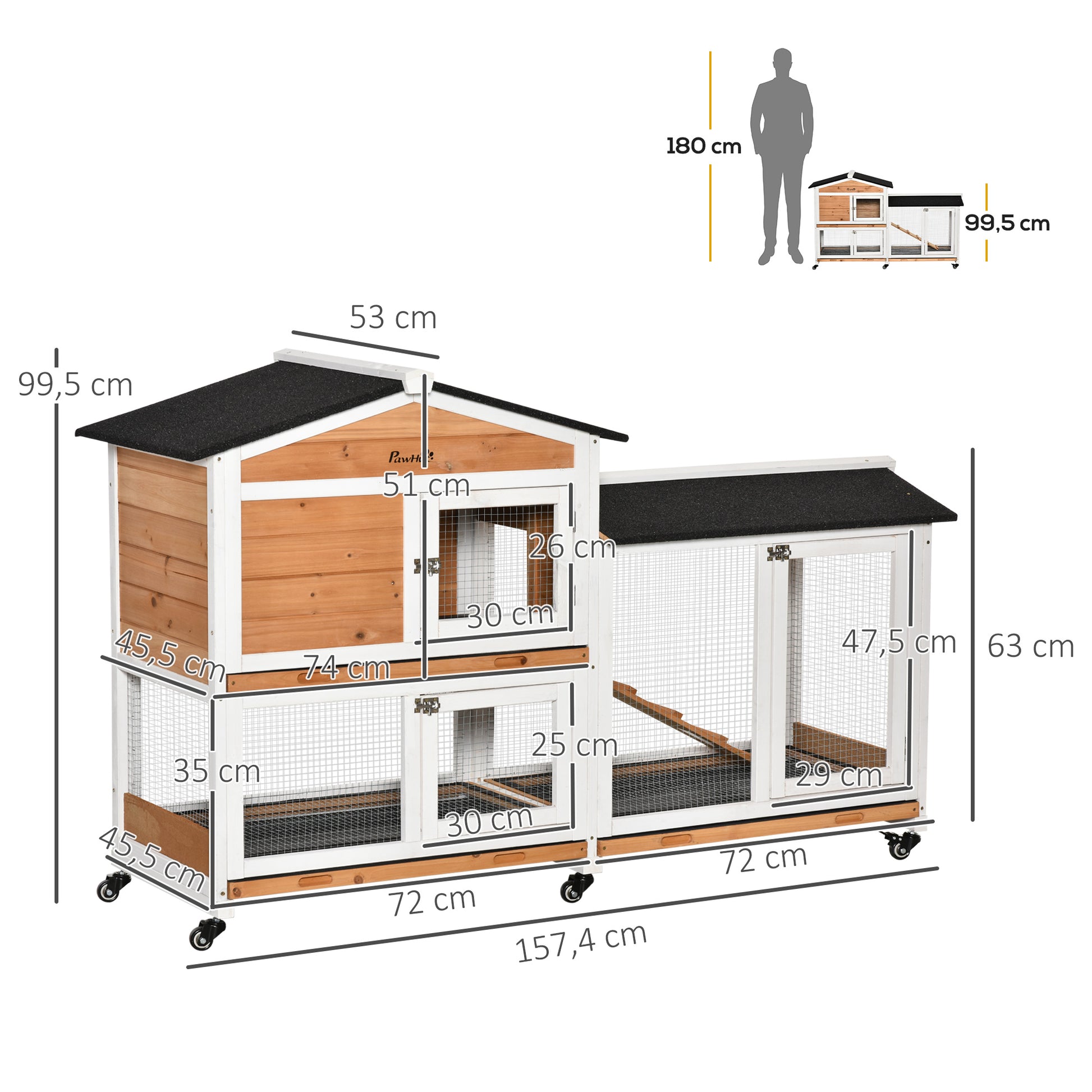 Natural Wood Rabbit Hutch 157.4x53x99.5 cm Large Cage with Wheels Asphalt Roof Removable Tray and Ramp for Outdoor