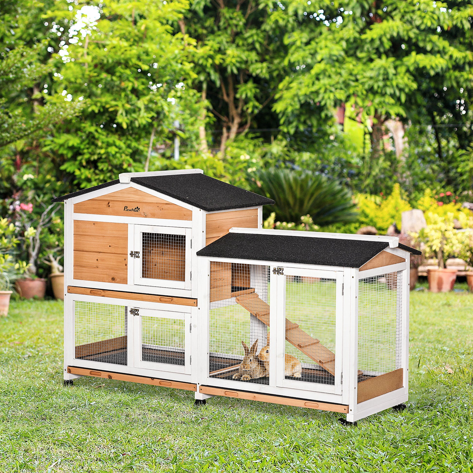 Natural Wood Rabbit Hutch 157.4x53x99.5 cm Large Cage with Wheels Asphalt Roof Removable Tray and Ramp for Outdoor