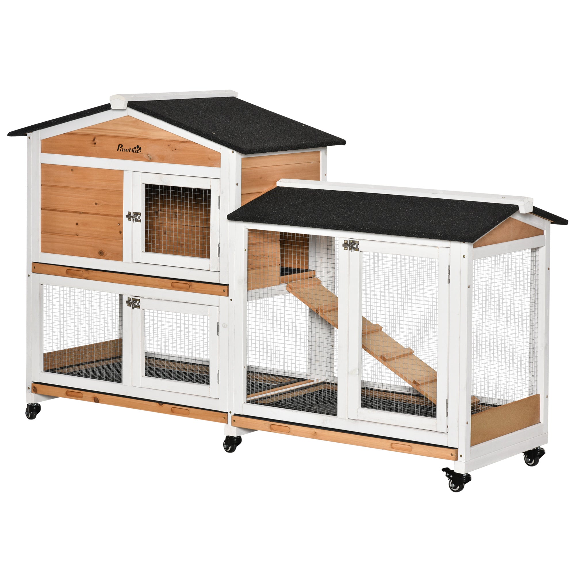 Natural Wood Rabbit Hutch 157.4x53x99.5 cm Large Cage with Wheels Asphalt Roof Removable Tray and Ramp for Outdoor