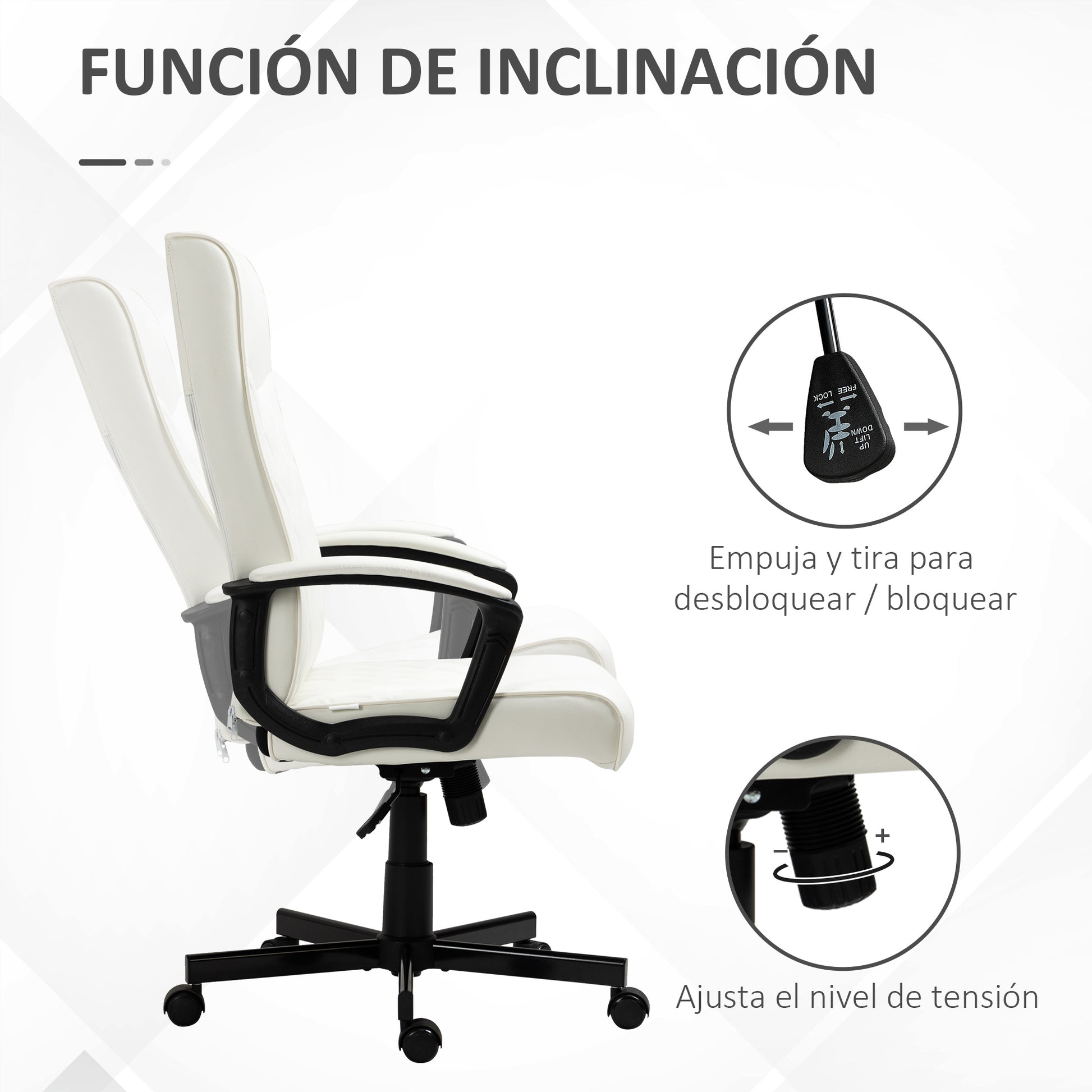 Swivel Office Chair Reclining Desk Chair Upholstered in PU with High Back and Adjustable Height for Living Room Office Load 120 kg 65x72x102-112.5 cm Cream