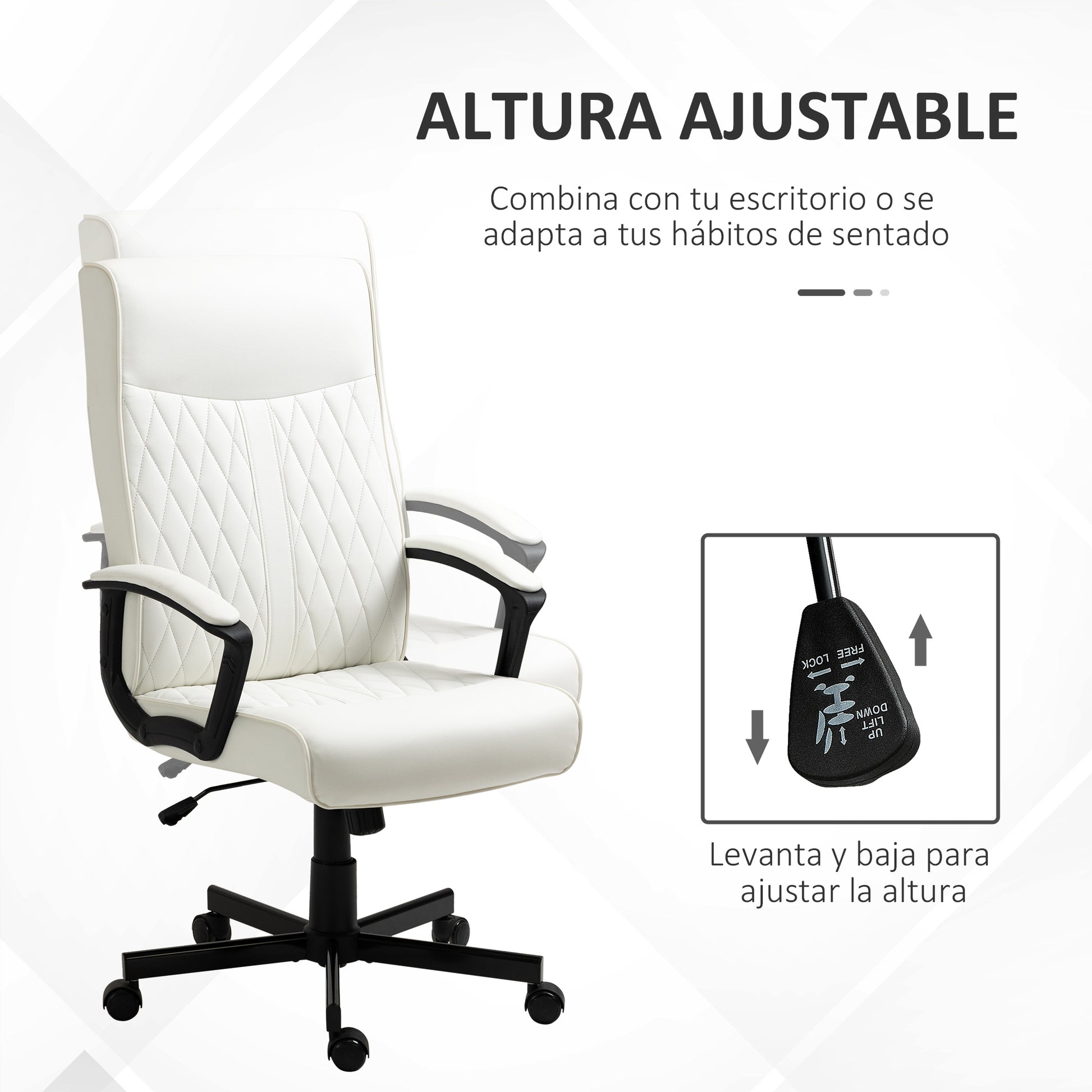 Swivel Office Chair Reclining Desk Chair Upholstered in PU with High Back and Adjustable Height for Living Room Office Load 120 kg 65x72x102-112.5 cm Cream