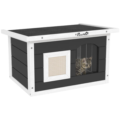 Wooden Cat House Waterproof Cat Shelter with Foldable Asphalt Roof Scratching Mat Removable Bottom Cat Cave Cat Box Outdoor Shelter for Outside Garden 61x45x36.5 cm, Gray