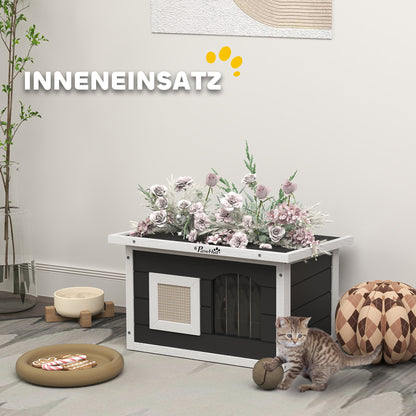 Wooden Cat House Waterproof Cat Shelter with Foldable Asphalt Roof Scratching Mat Removable Bottom Cat Cave Cat Box Outdoor Shelter for Outside Garden 61x45x36.5 cm, Gray