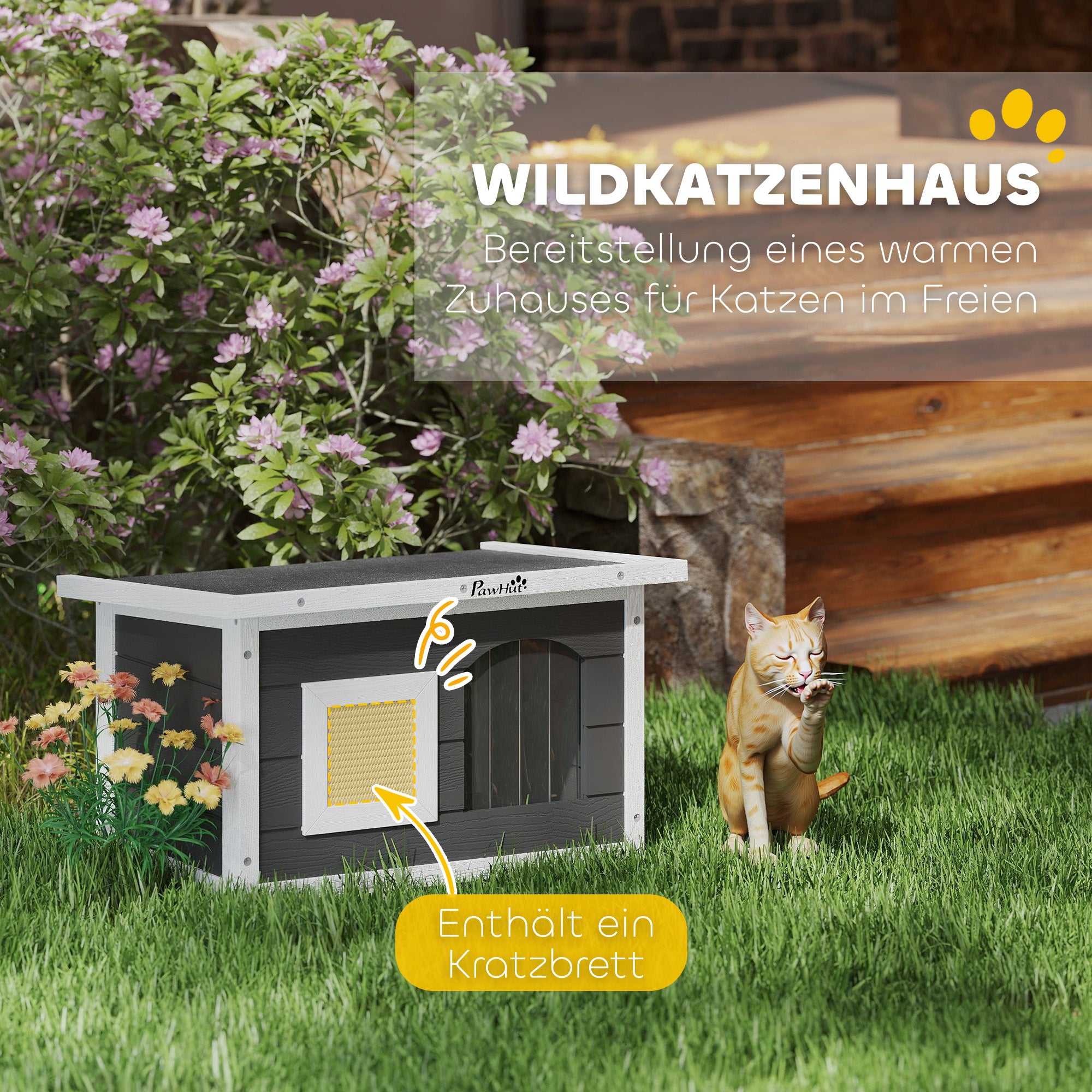Wooden Cat House Waterproof Cat Shelter with Foldable Asphalt Roof Scratching Mat Removable Bottom Cat Cave Cat Box Outdoor Shelter for Outside Garden 61x45x36.5 cm, Gray