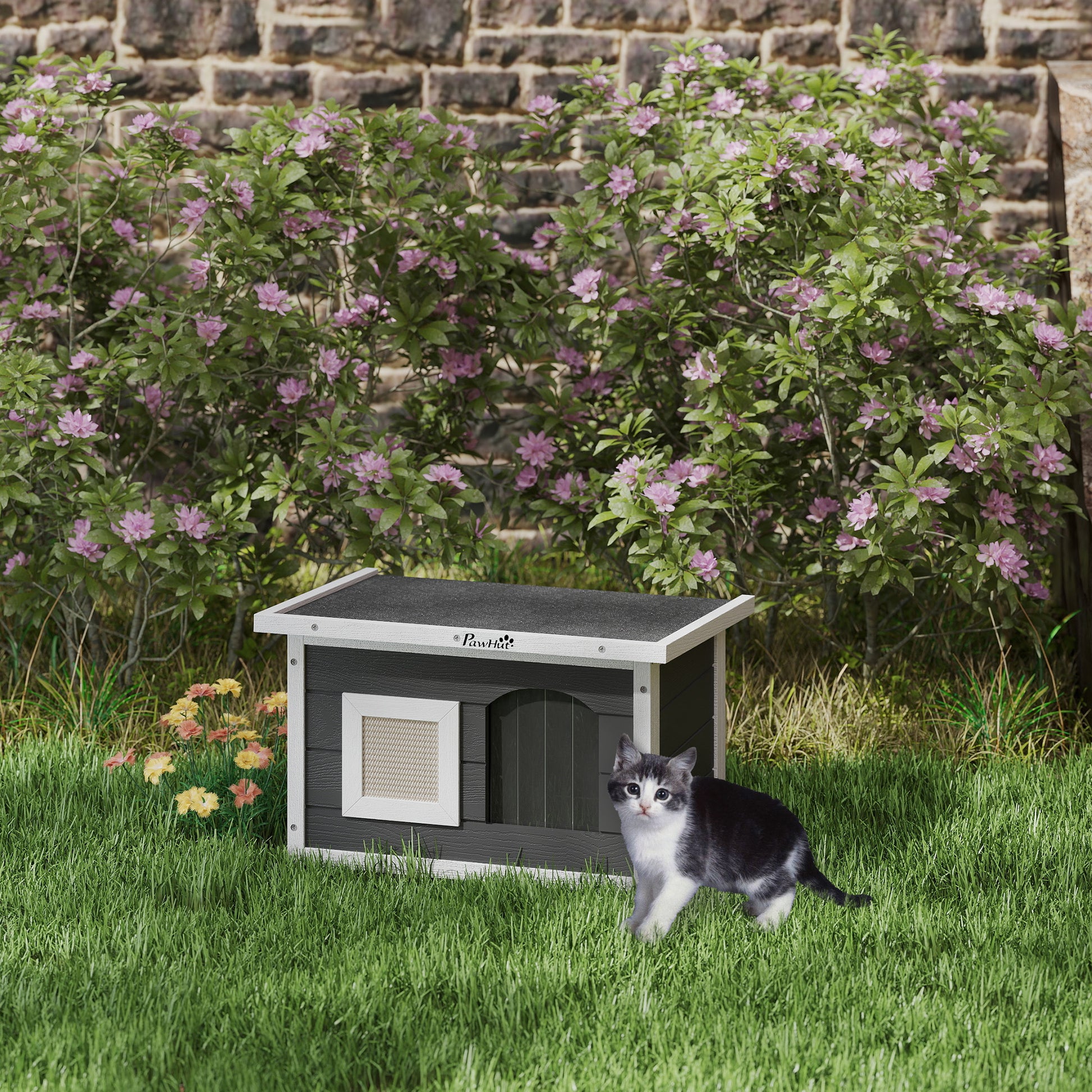 Wooden Cat House Waterproof Cat Shelter with Foldable Asphalt Roof Scratching Mat Removable Bottom Cat Cave Cat Box Outdoor Shelter for Outside Garden 61x45x36.5 cm, Gray