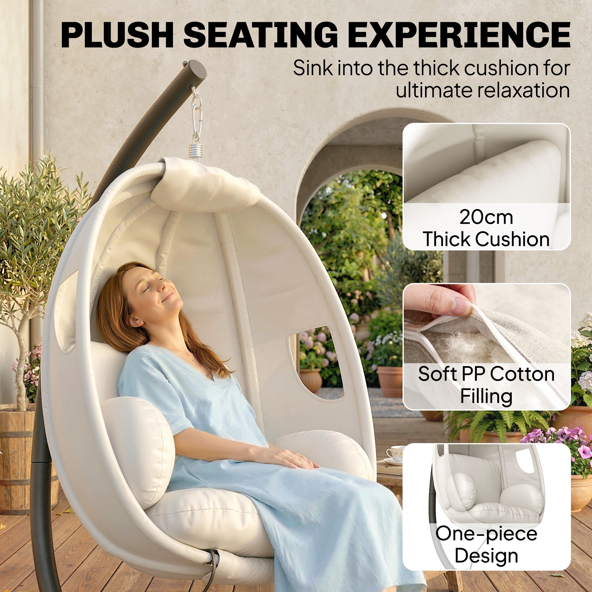 Folding Egg Hanging Chair with Stand — 8 in Padded Cushion, Adjustable Height & Safety Strap, Indoor/Outdoor, Light Gray