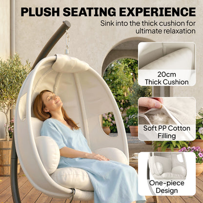 Folding Egg Hanging Chair with Stand — 8 in Padded Cushion, Adjustable Height & Safety Strap, Indoor/Outdoor, Light Gray