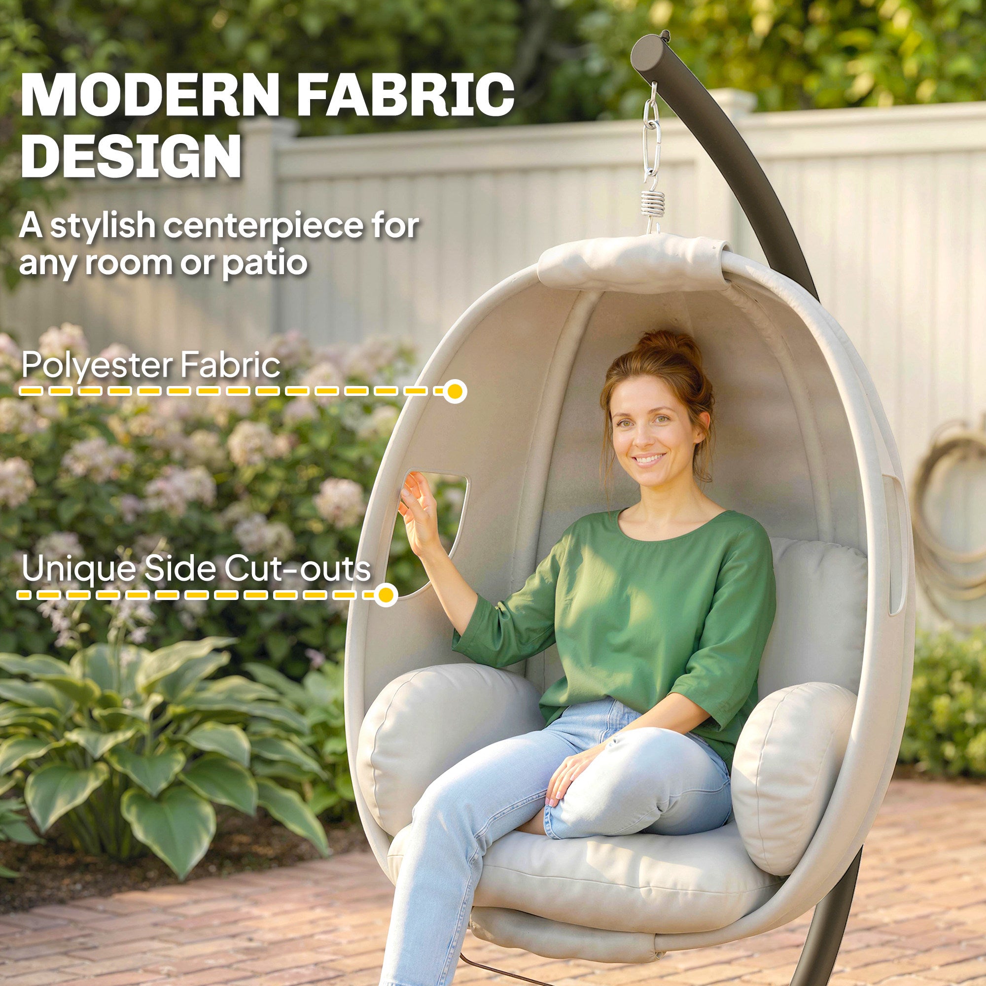 Folding Egg Hanging Chair with Stand — 8 in Padded Cushion, Adjustable Height & Safety Strap, Indoor/Outdoor, Light Gray