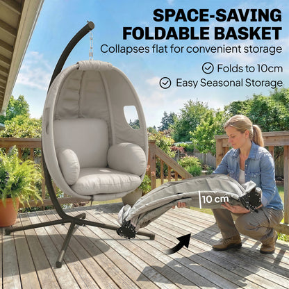 Folding Egg Hanging Chair with Stand — 8 in Padded Cushion, Adjustable Height & Safety Strap, Indoor/Outdoor, Light Gray