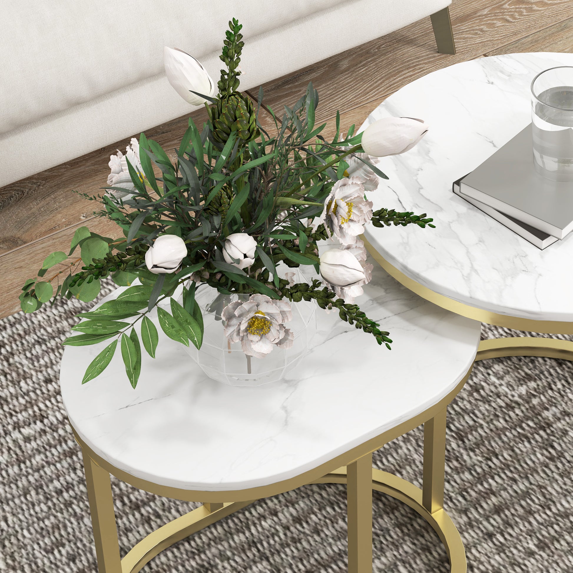 Round Coffee Table Set of 2 Stackable Side Tables with Steel Frame, Living Room Table Coffee Table for Living Room Bedroom White