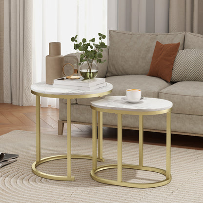 Round Coffee Table Set of 2 Stackable Side Tables with Steel Frame, Living Room Table Coffee Table for Living Room Bedroom White
