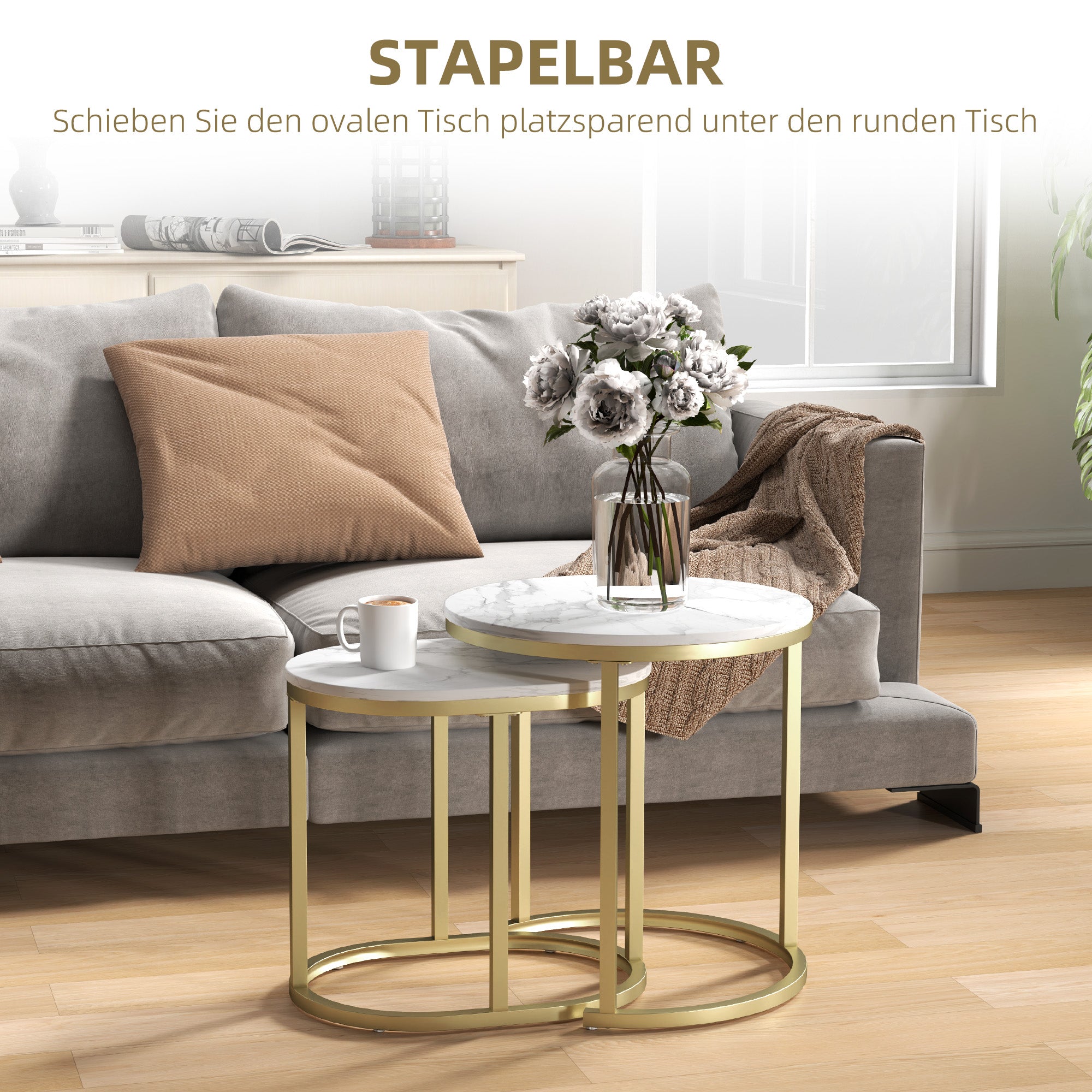 Round Coffee Table Set of 2 Stackable Side Tables with Steel Frame, Living Room Table Coffee Table for Living Room Bedroom White