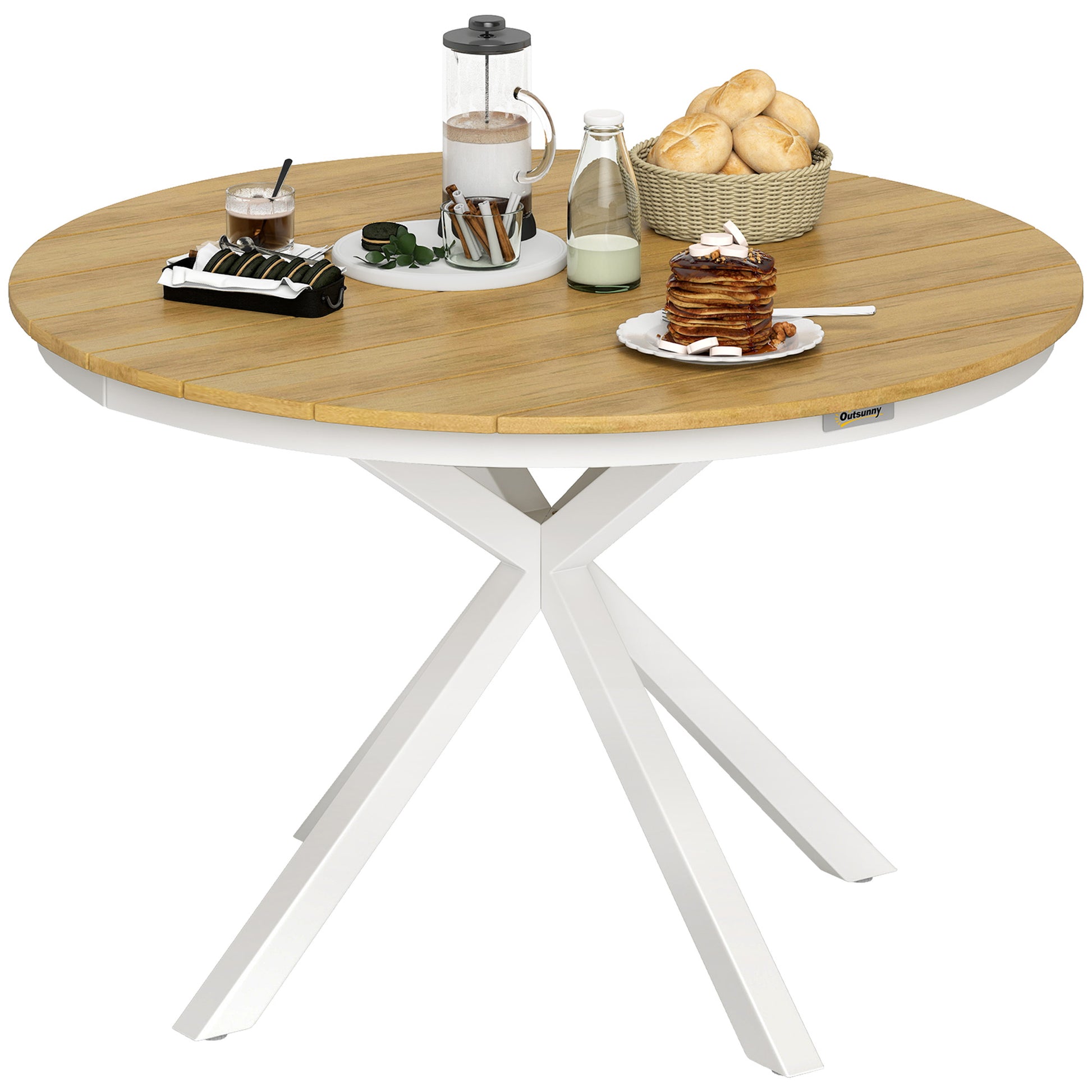 Patio Table Ø118cm, Weatherproof Aluminum Balcony Table with Cross Legs Slat Design Dining Table Outdoor, Camping Table, Round Terrace Table for Garden Balcony Teak